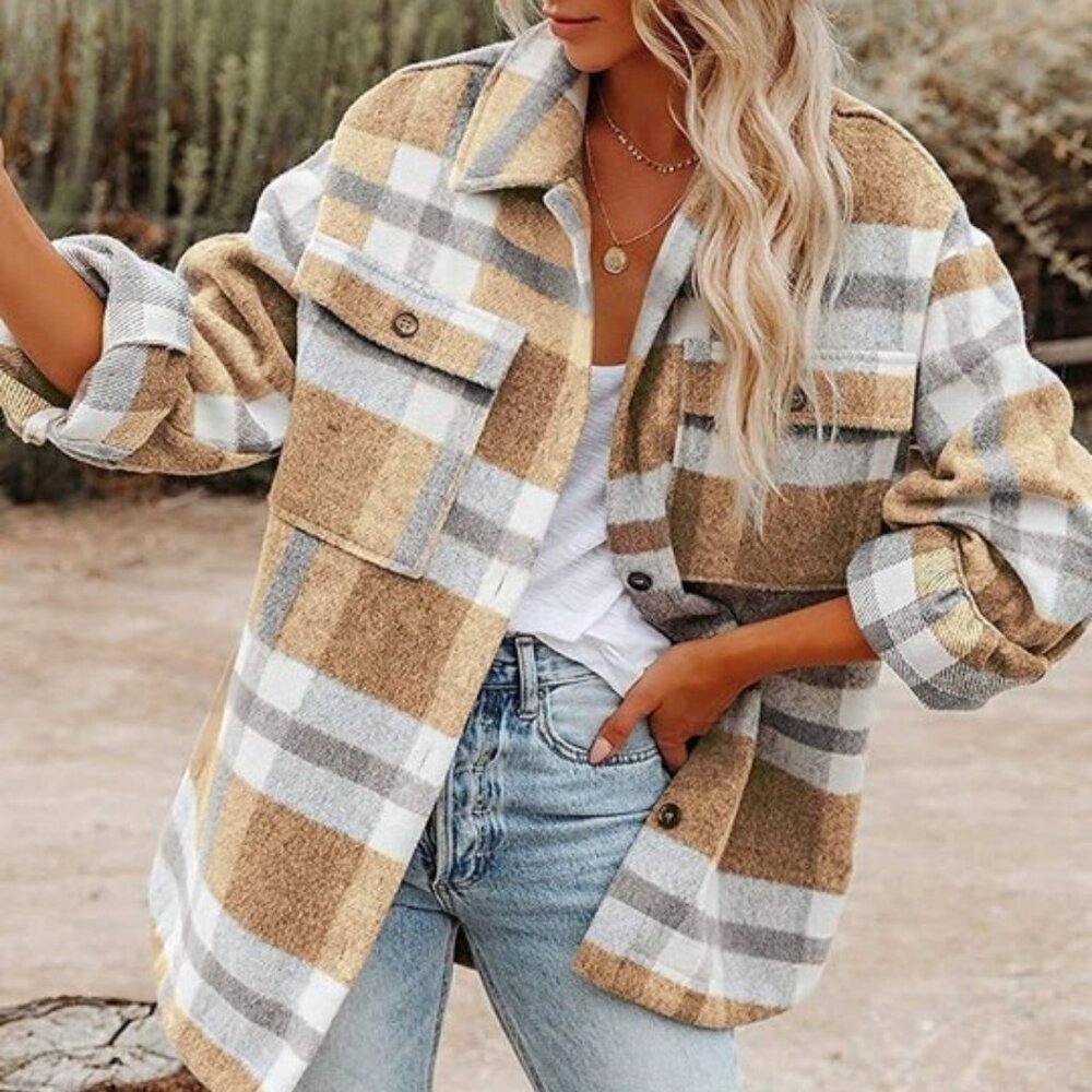 Women's Plaid Button Flannel Shirt Jacket  Khaki